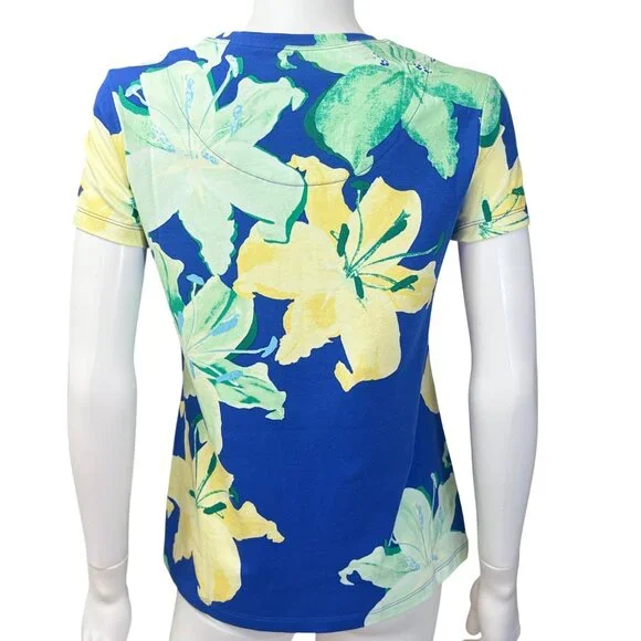 CHICOS T-Shirt Womens S Blue Yellow Floral Cotton Stretch Top Short Sleeve - Picture 2 of 4